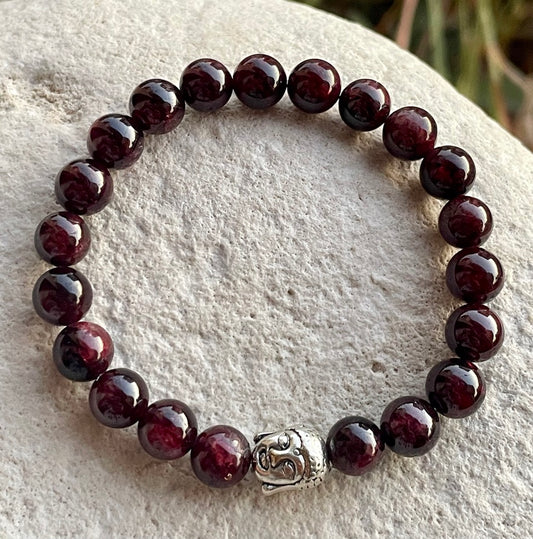 Garnet Bracelet with Buddha Head Charm